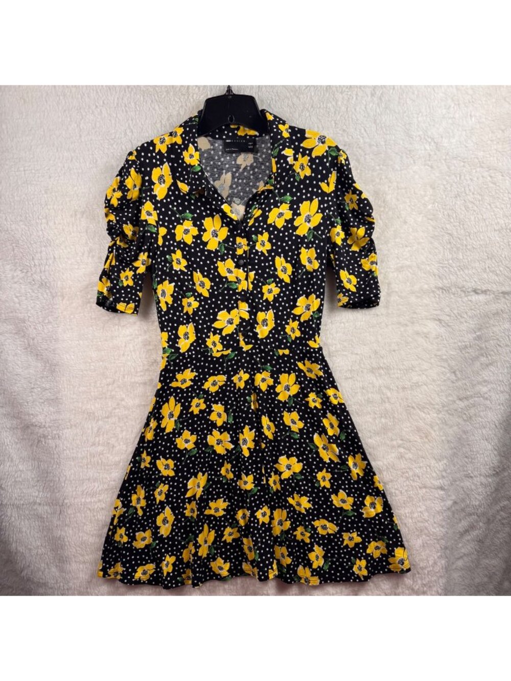 ASOS Design size 6 Yellow Floral & Polka Dot Dress Black Button-Up puff sleeves